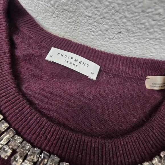 Equipment Shane Embellished Stone Sweater Size Medium Maroon Wine Wool Cashmere - Picture 3 of 5